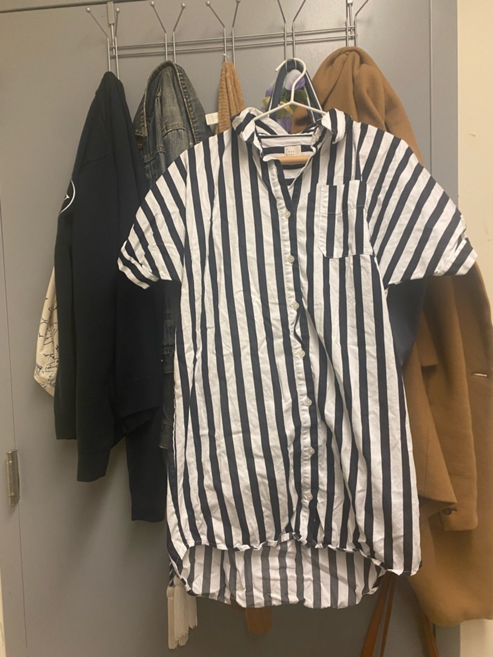 a new day Navy & White Vertical Stripe Short-Sleeve Button-Down Shirt Dress